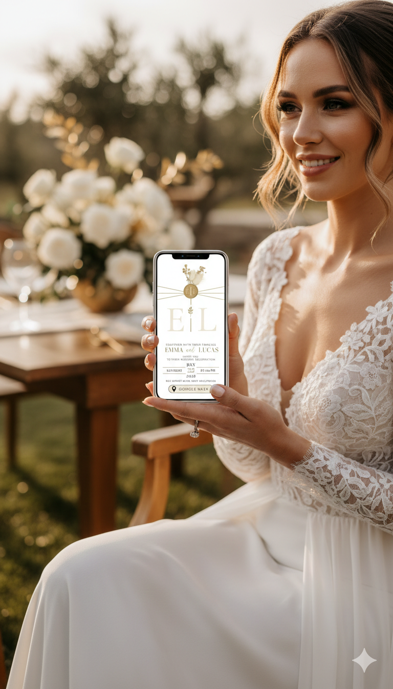 Aura Digital Wedding Invitation - Ethereal Gold mobile template with RSVP