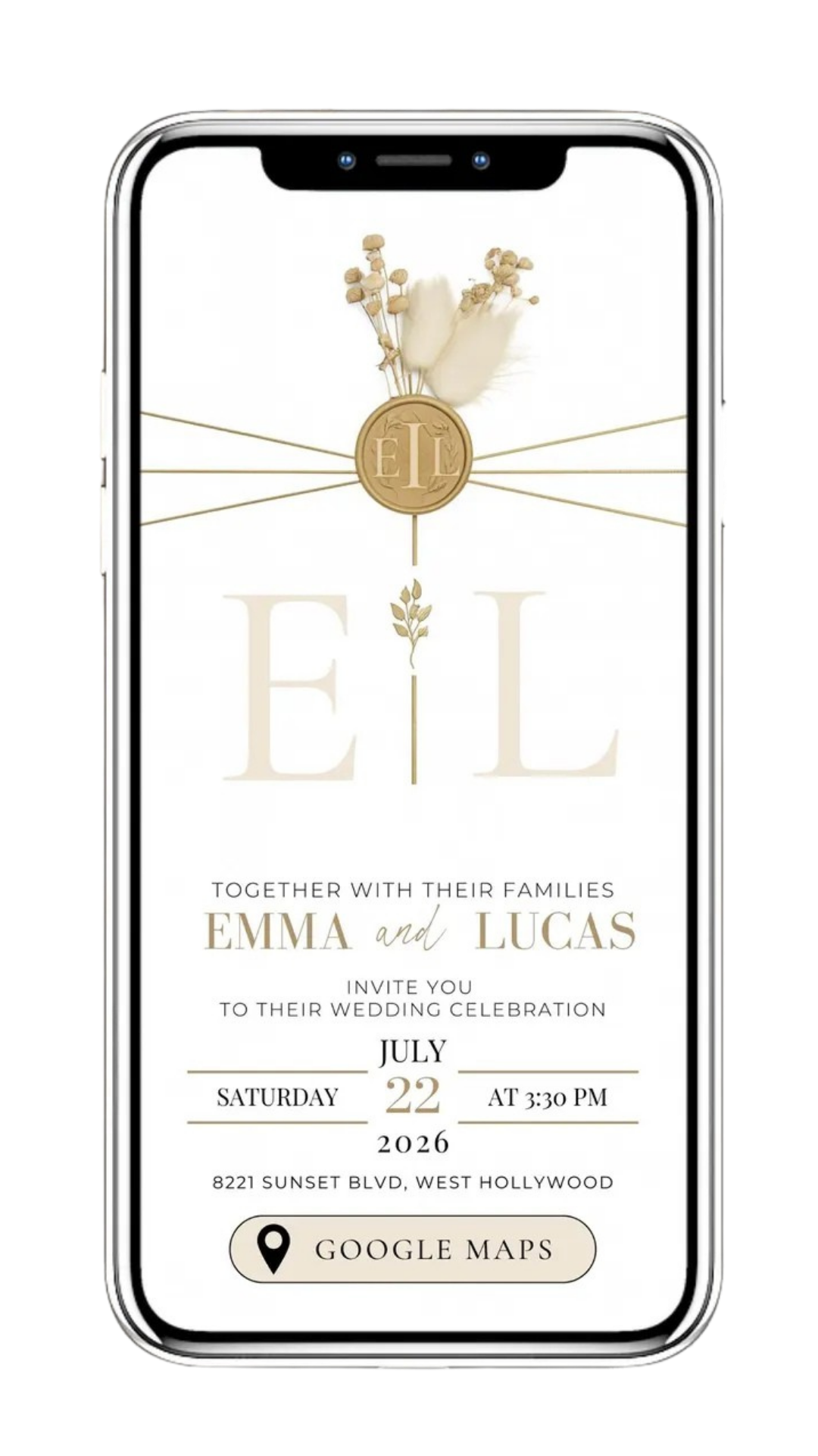 Aura Digital Wedding Invitation - Ethereal Gold mobile template with RSVP