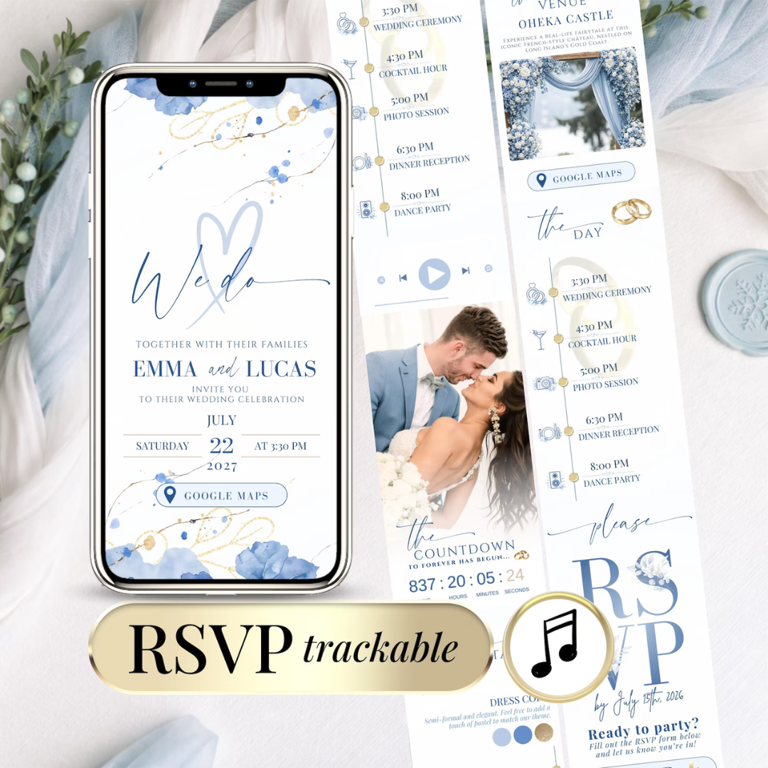 Blue watercolor digital wedding invite with interactive Google Maps link