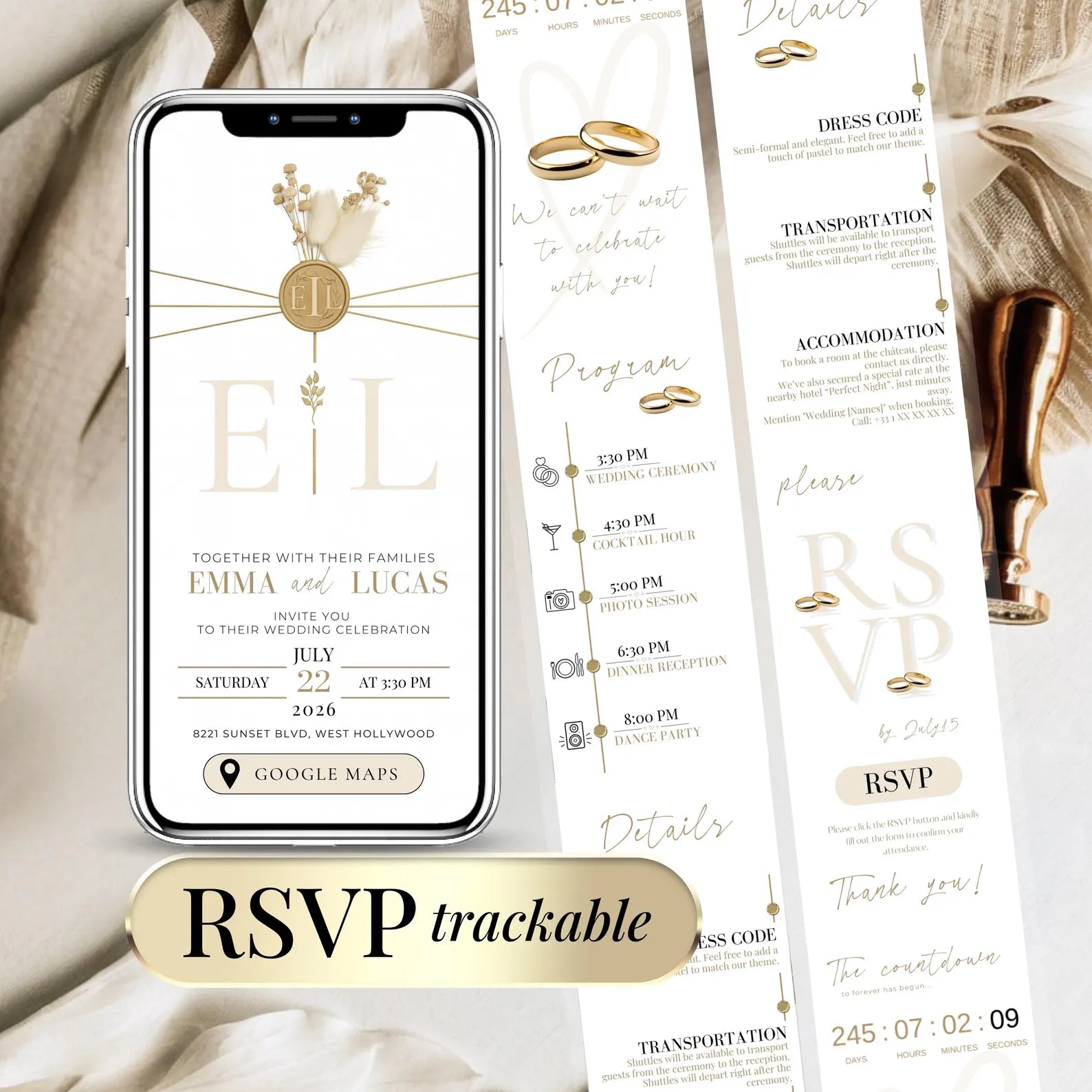 Aura Digital Wedding Invitation - Ethereal Gold mobile template with RSVP